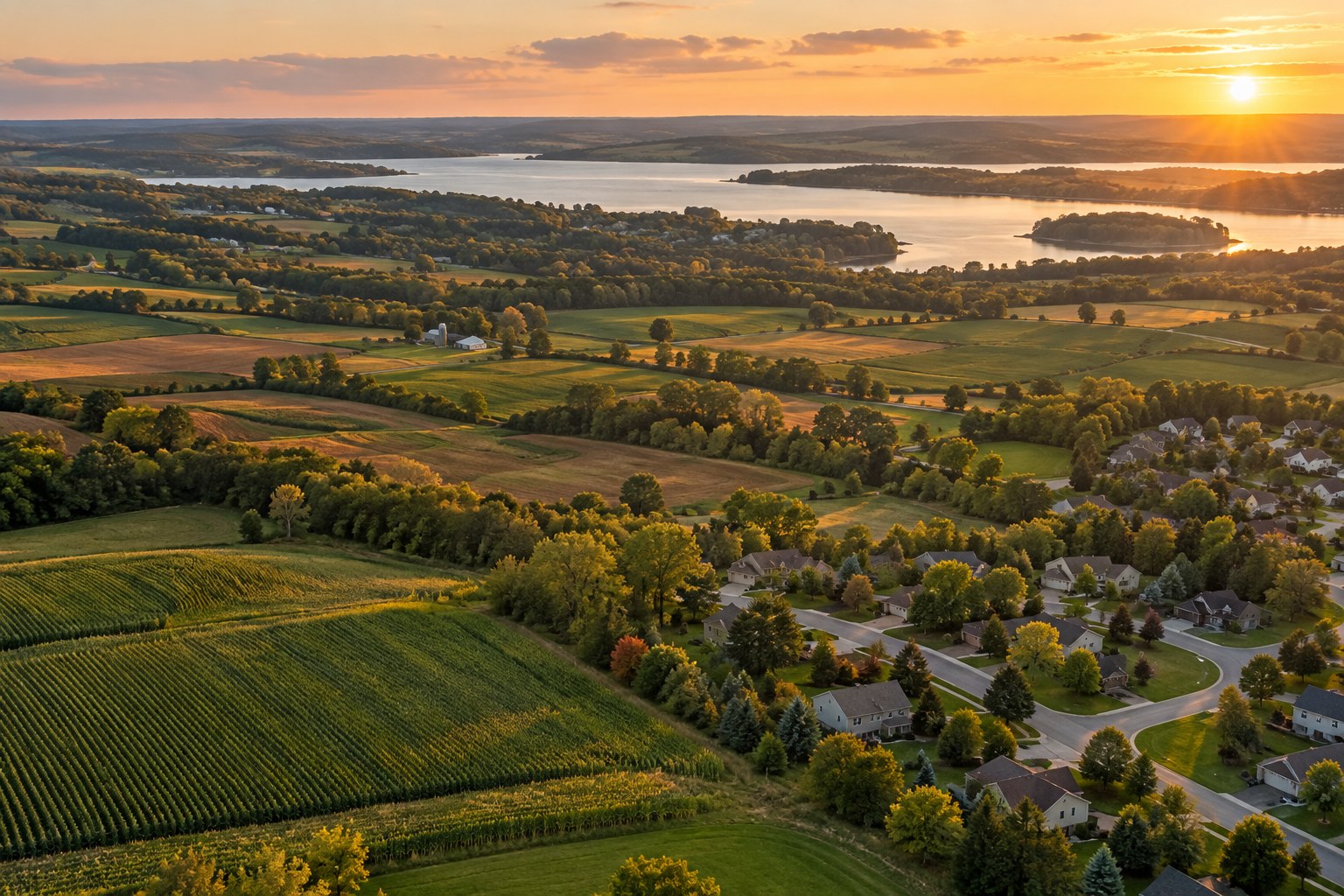 A wide Dane County, Wisconsin farmland view at golden hour